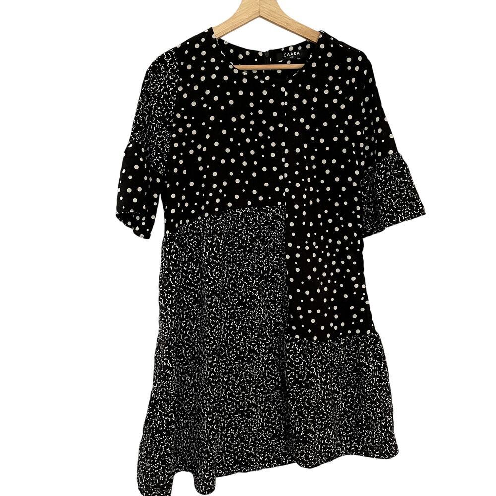 Caara black white polka dots asymetric midi modest dress women's M tiered flowy